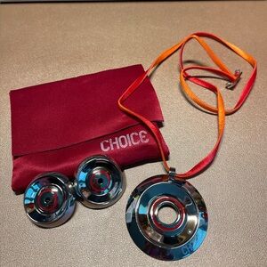 Choice Circular Stainless Steel Clip Earrings and Pendant with Red Accents NWOT